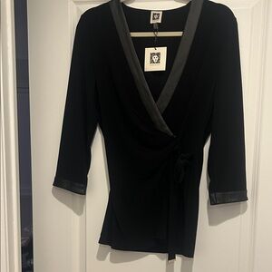 Anne Klein Black Wrap style V-Neck Blouse with Faux Leather Trim